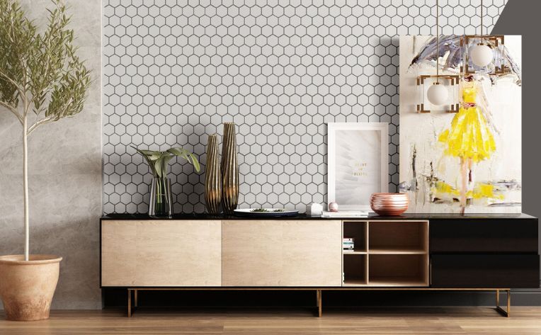 white mosaic tile backsplash in mid-century modern living room